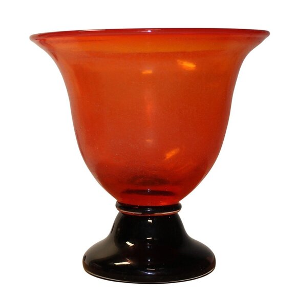 Frosted Orange Art Glass Pedestal Vase w/ Black Base 7" Round x 7" T Centerpiece - Picture 6 of 6